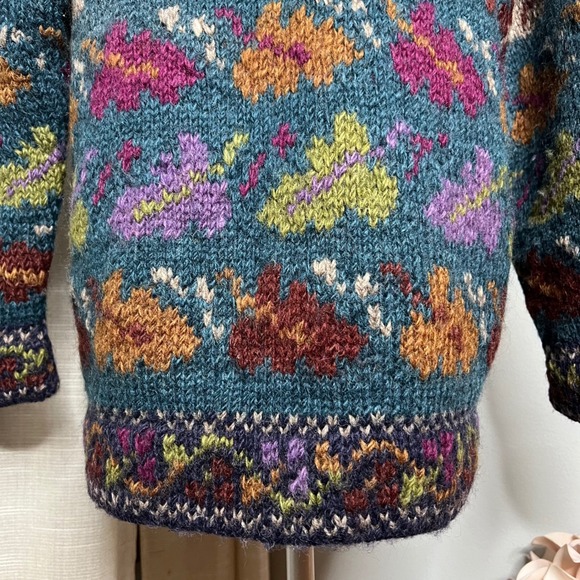 Newari 100%‎ Wool Handknit Cardigan Sweater Jacket Lined Floral Nepal Size Small - Picture 12 of 16